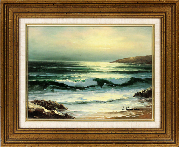 L. SAMIAN OIL ON CANVAS. H 9", L 12", SEASCAPE: Depicting a shoreline at sunset.  Signed lower.
