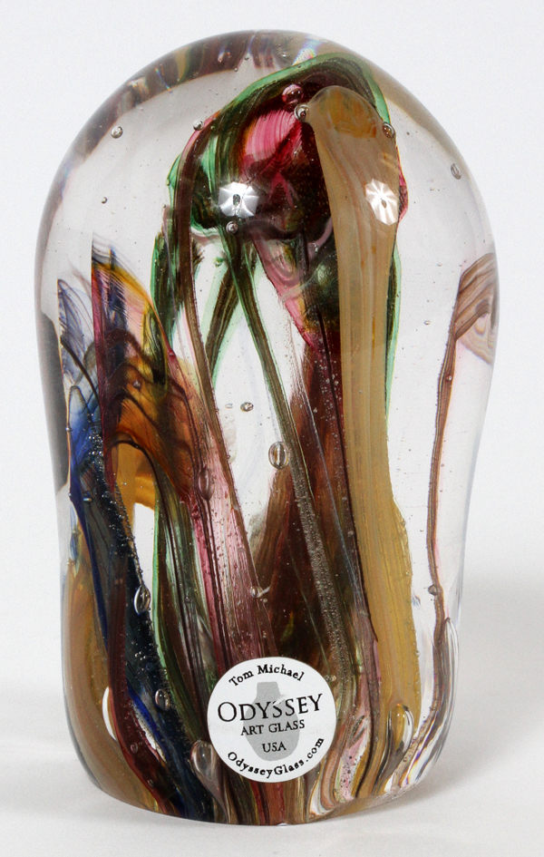 TOM MICHAEL `ODYSSEY` STUDIO GLASS PAPERWEIGHT, H 4 1/2":  Signed `Tom Michael`.