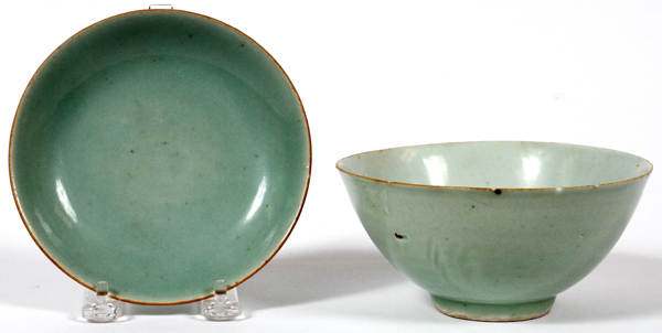 CELADON PORCELAIN RICE BOWL & PLATE, LATE 19TH C., TWO, DIA 6":  Both are signed in blue at the