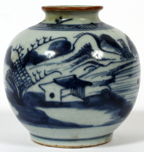 CHINESE BLUE & WHITE PORCELAIN VASE, 19TH C., H 4" DIA 3 1/2":  Decorated with scenery in a blue