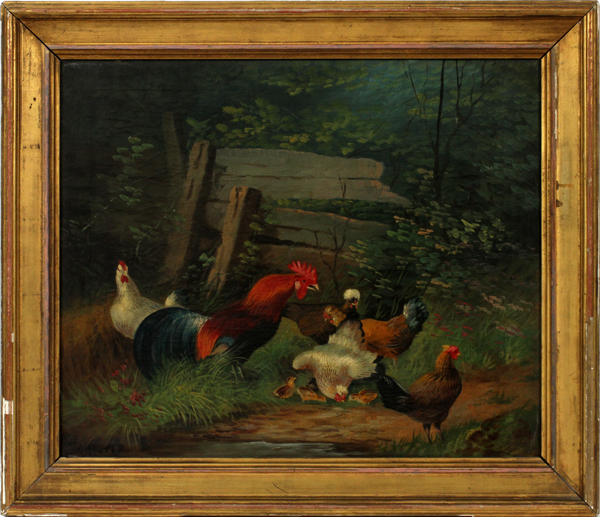 D. MUTLY, OIL ON CANVAS, C. 1900, H 20" W 24", ROOSTER & HENS:  Signed at the lower left, and at the