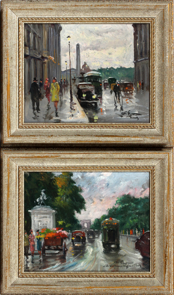 FRANCOIS GEROME [B. 1895], OILS ON BOARD, PAIR, 8" X 10", PARIS STREET SCENES:  One depicts an early