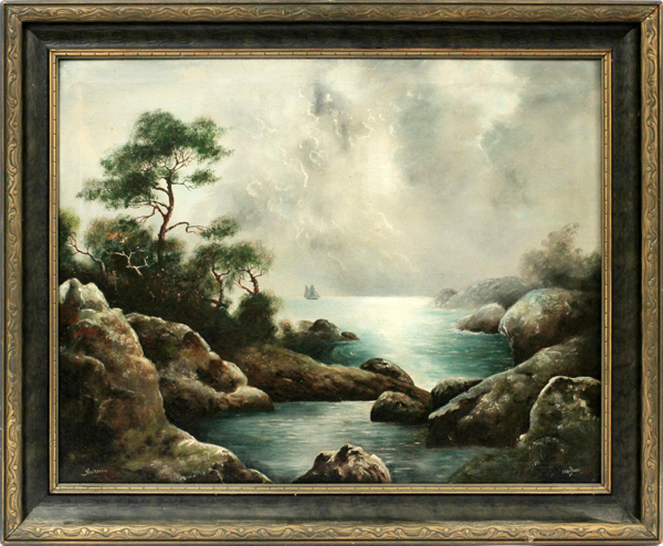 E. E. HIGBEE [20TH C.], OIL ON CANVAS, `MONTEREY`:  Signed "E. E. Higbee" lower right, titled "