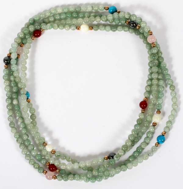 JADE, TURQUOISE, & AMBER BEAD NECKLACE, L 68": Not individually knotted.