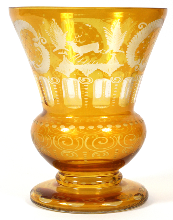 BOHEMIAN AMBER GLASS VASE, H 11", DIA 5.5": Overall etched design with birds and leaves.