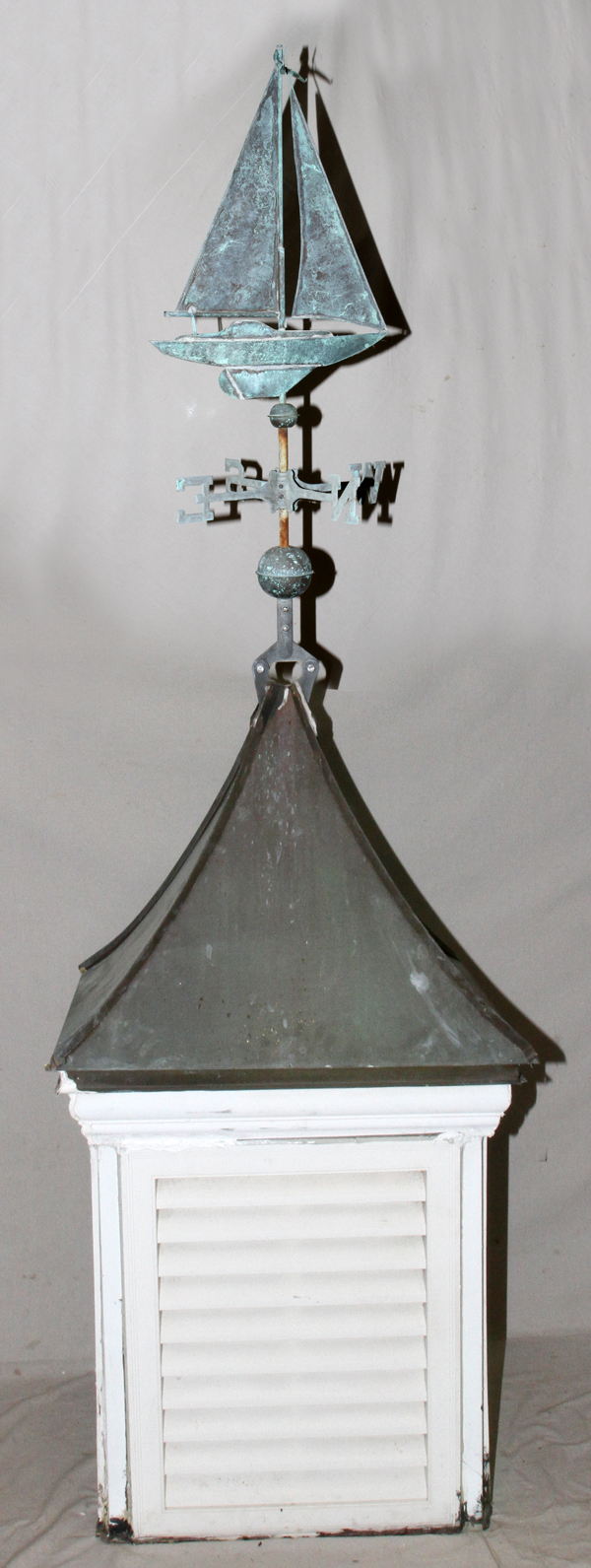 WEATHERVANE CUPOLA WITH SAILBOAT, H 9`, L 27", D 27": white painted wood cupola with vented sides,