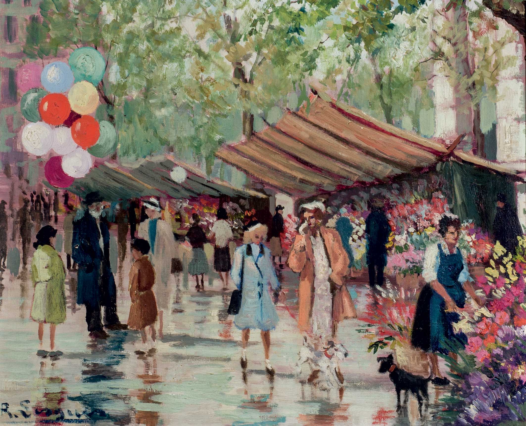 ESCUELA ESPAÑOLA "Mercado en las Ramblas". Óleo sobre lienzo. 39 x 47,5 cm. Firmado en ángulo