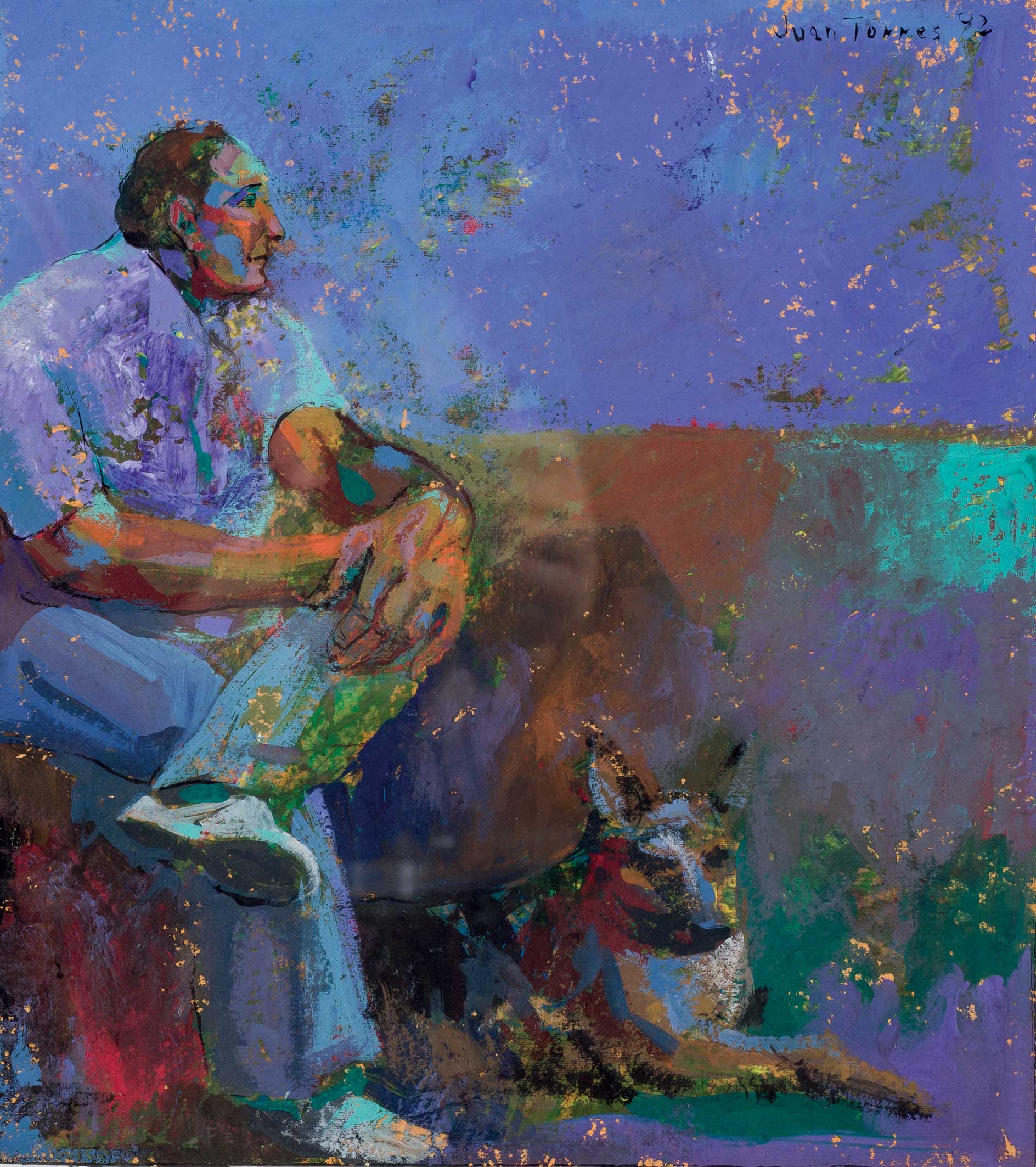 JUAN TORRES "Hombre y perro". Goauche sobre papel. 33 x 29 cm. Firmado Juan Torres 92 en el ángulo