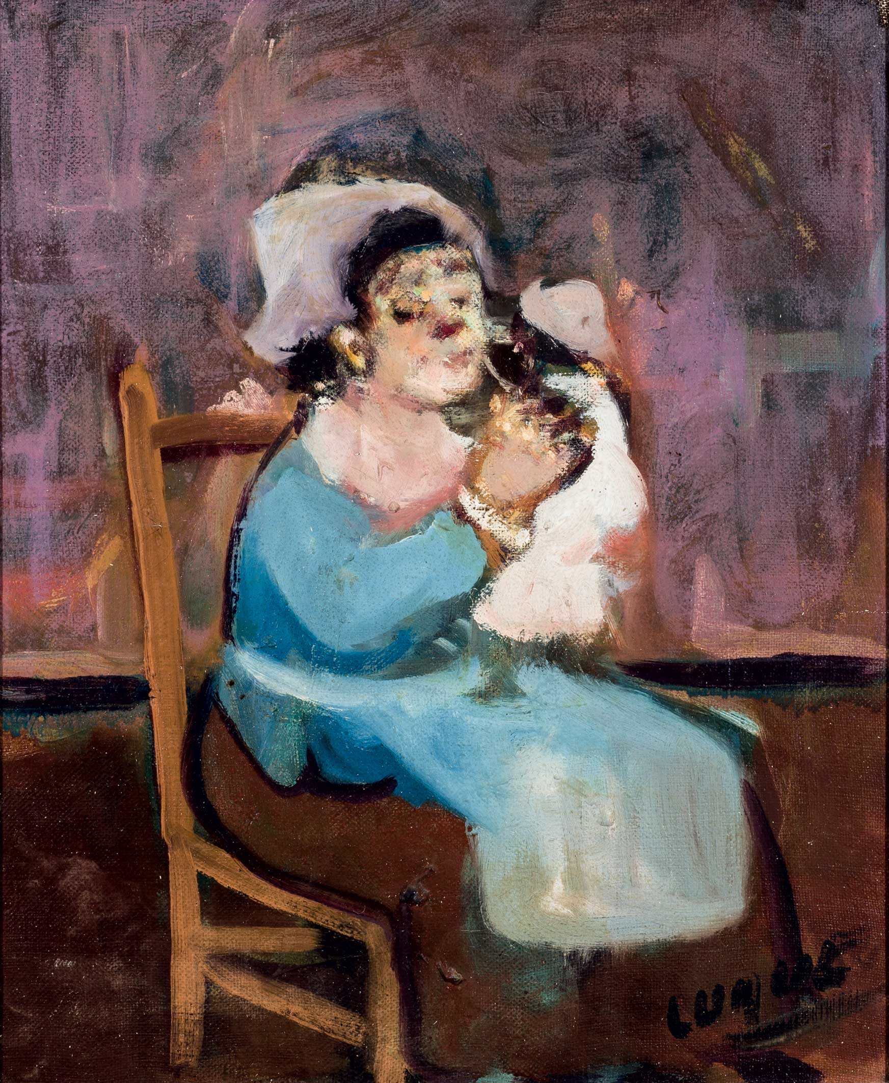 MANUEL FERNÁNDEZ LUQE "Niña con muñeca". Óleo sobre lienzo. 39,5 x 32,5. Firmado en el ángulo