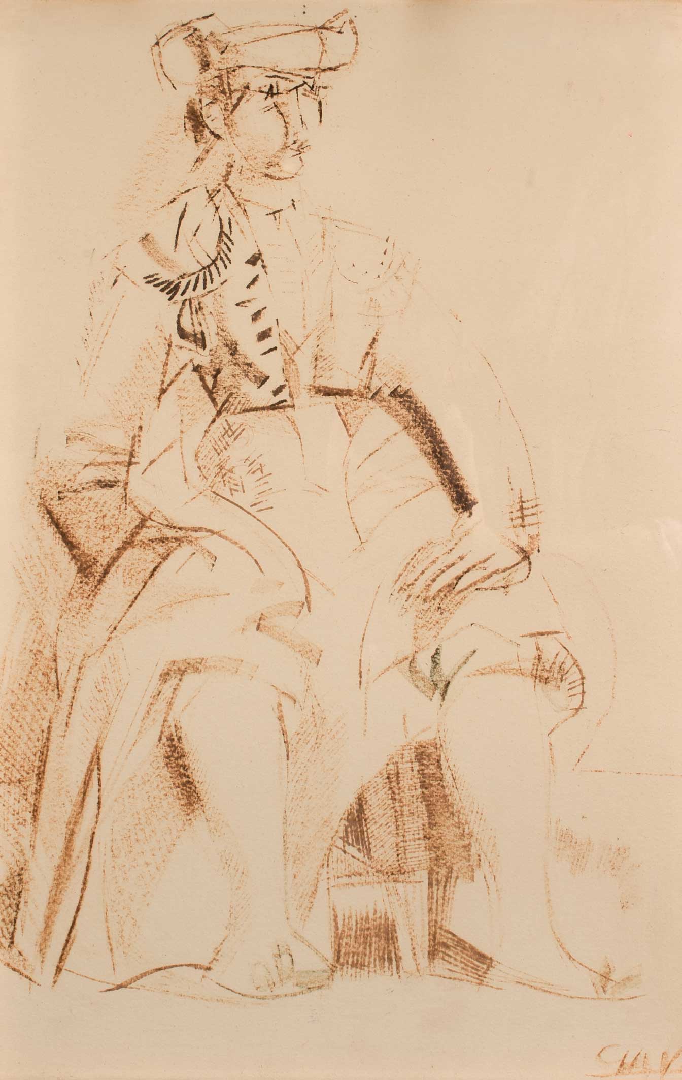 JAVIER CLAVO"Torero sentado". Dibujo en sepia. 48 x 34 cm. Firmado Clavo en el ángulo inferior