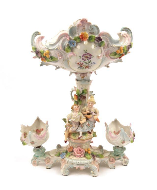 Victorian china centrepiece with figural support decorated with flowers, 38cm high : FOR CONDITION