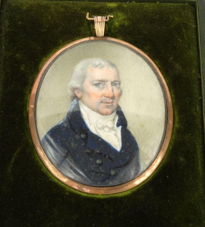 Georgian mourning portrait miniature onto ivory of a gentleman, with glass and hair back and housed