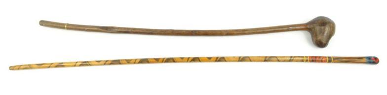 Wooden striped walking cane together with a wooden club, longest is 91cm : FOR CONDITION REPORTS