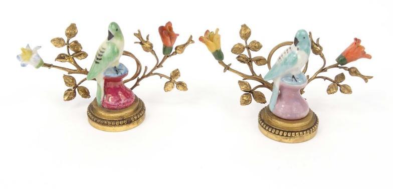 Pair of French porcelain and gilt metal menu holders modelled as birds on a branch, 5cm high : FOR