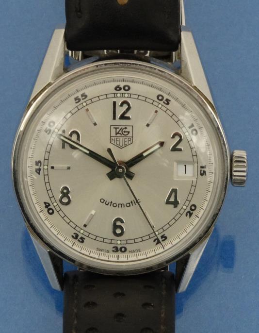 Gentleman`s Tag Heuer automatic stainless steel wristwatch with black leather strap : FOR CONDITION