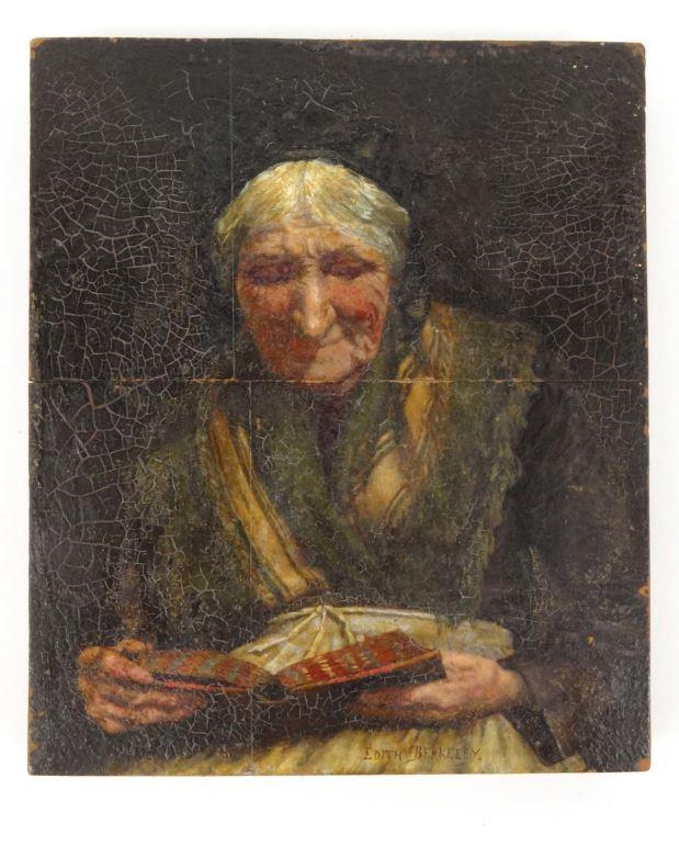 Edith Berkeley - Oil onto panel of an old lady reading book, 17cm x 14cm : FOR CONDITION REPORTS