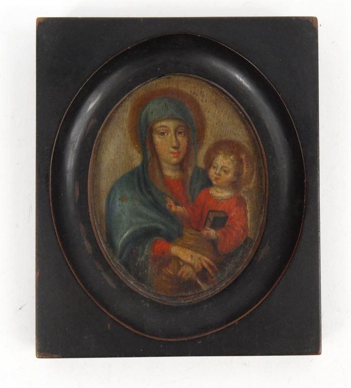 Oil onto panel miniature Madonna and child housed in an ebony frame, 9cm high : FOR CONDITION