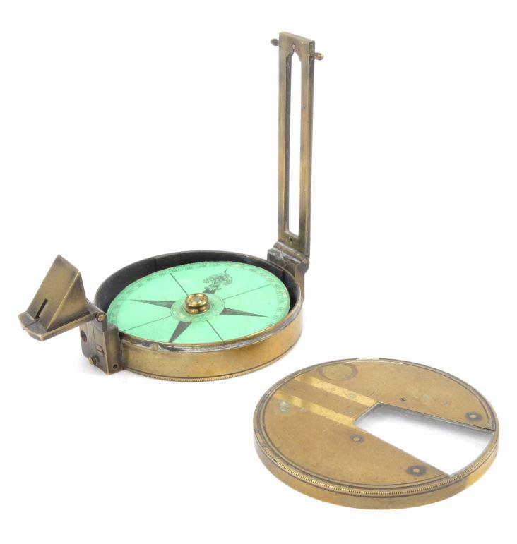 Victorian brass pocket compass for Chas Owen, Optician, 46-48 City, B.O.S. Hidley, 7cm diameter :