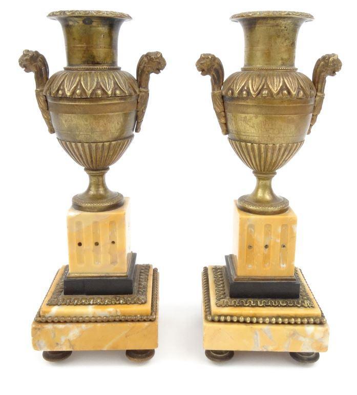 Pair of neo-classical bronze urns on marble bases, 23cm high : FOR CONDITION REPORTS AND LIVE