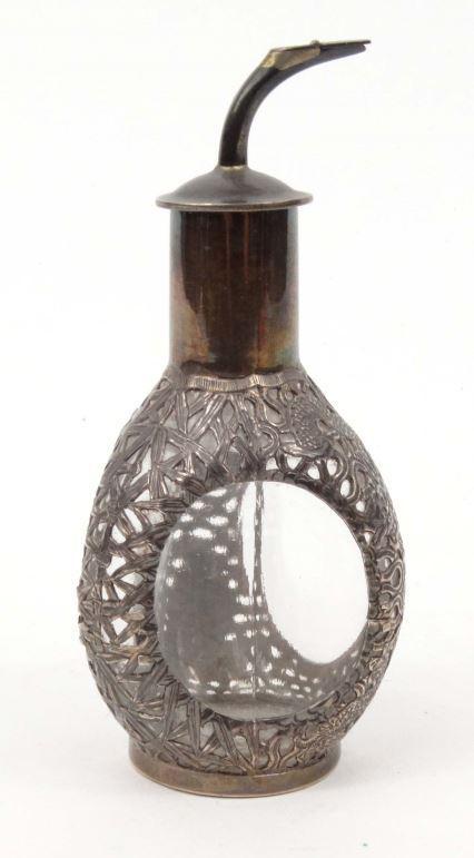 Oriental Chinese sterling silver overlaid glass oil bottle decorated with bamboo, 13cm high : FOR