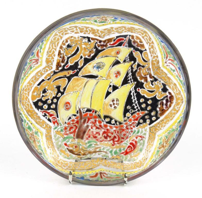 Roya circular art glass bowl decorated with a enamelled ship, 17cm diameter : FOR CONDITION REPORTS