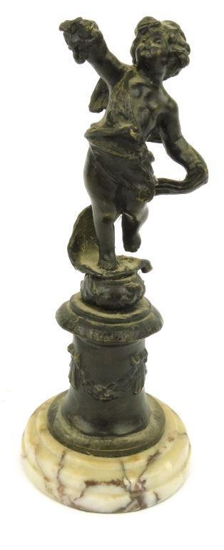 Bronze figure of a cherub holding grapes signed Louis B-Eataux? Paris, 20cm high : FOR CONDITION