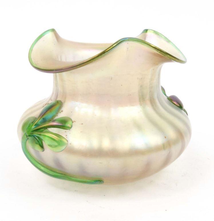 Loetz iridescent glass vase with applied green leaf design, 10cm high : FOR CONDITION REPORTS AND