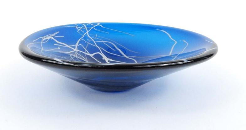 Whitefriars blue and white enamel swirling glass dish, 23cm diameter : FOR CONDITION REPORTS AND