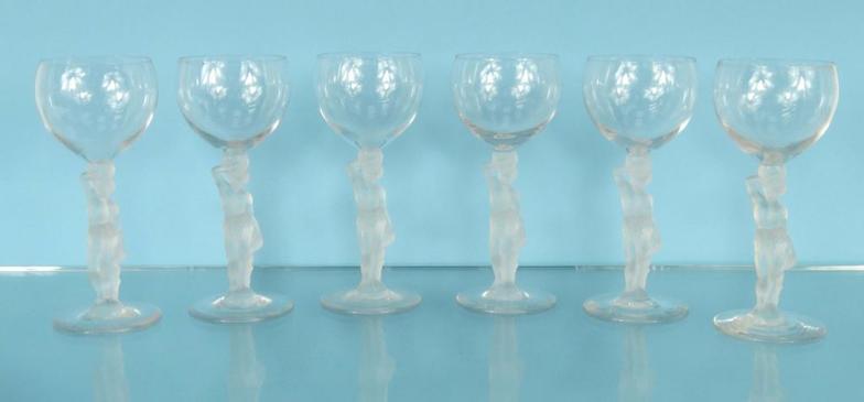 Set of six wine glasses with frosted glass Bacchus design stems, 17cm high : FOR CONDITION REPORTS
