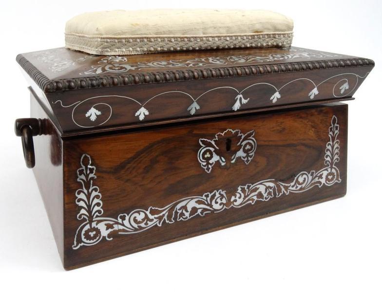 Victorian rosewood sewing box with inlaid mother of pearl  banding and silk cushioned top, 31cm