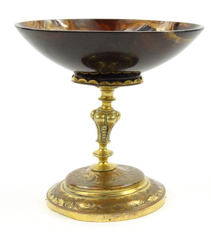 Antique bronze and agate comport with a engraved continuous border of flowers, 13cm high : FOR