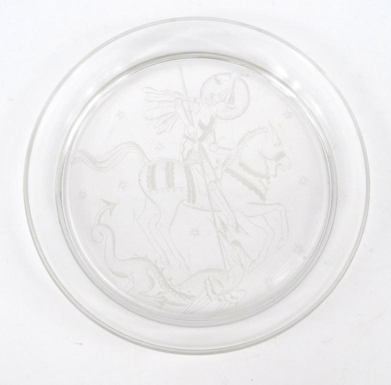 E.M. Dinkel cut clear glass shallow bowl with etched St George and the Dragon, 23cm diameter : FOR