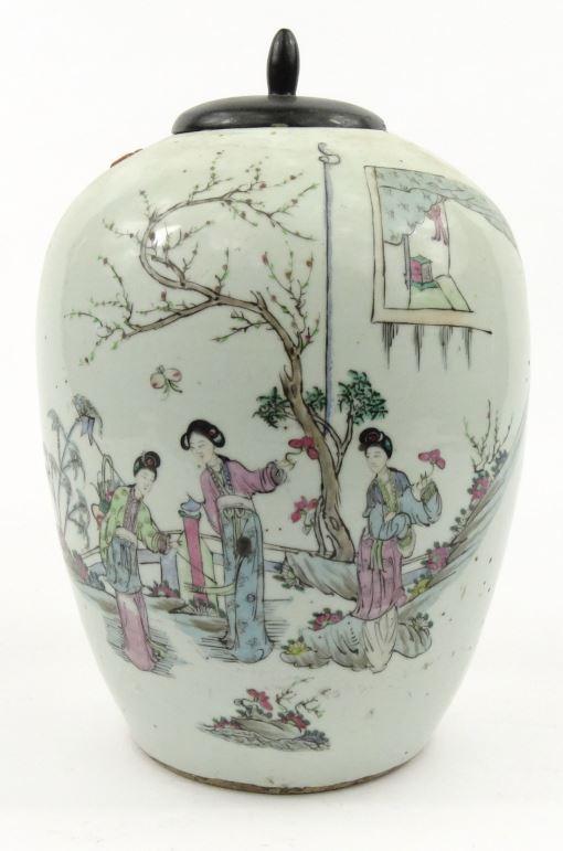 Large oriental Chinese porcelain jar enamelled with ladies and script, 29cm high : FOR CONDITION