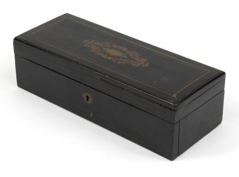 Victorian ebonised drop front box with metal inlaid decoration to the lid, 29cm in length : For