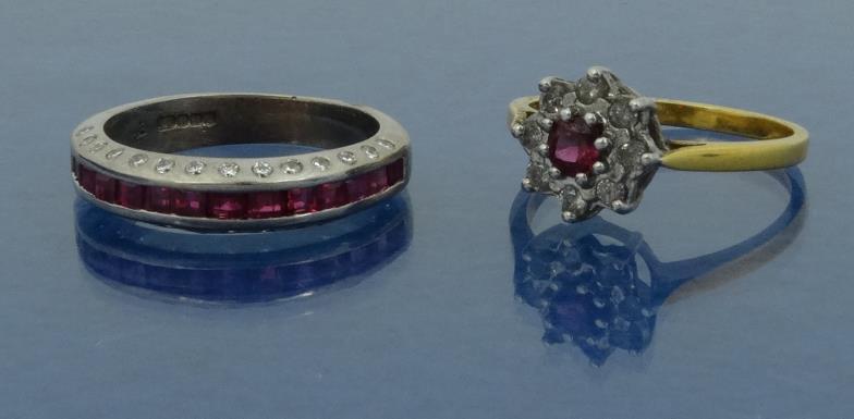 18ct gold diamond and ruby ring, together with an 18ct white gold diamond and ruby half hoop