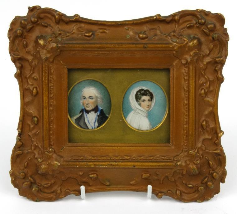 Pair of oval portrait miniatures onto ivory depicting Lord Nelson and Lady Hamilton, mounted,