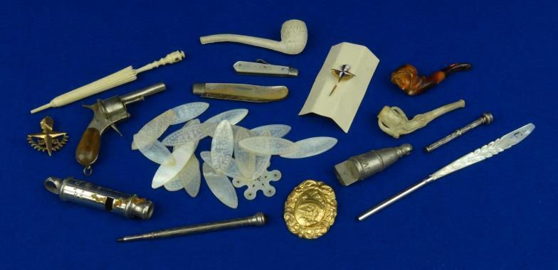 Objects including Chinese mother of pearl counters, pipes, silver bladed fruit knife, pocket