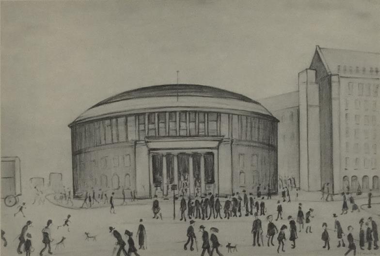 L.S. Lowry - Pencil signed print of The Central Library, Manchester, with figures to the
