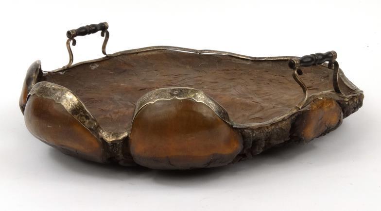 Edwardian silver mounted elephant`s foot tray with turned ebonised wood handles, the mount