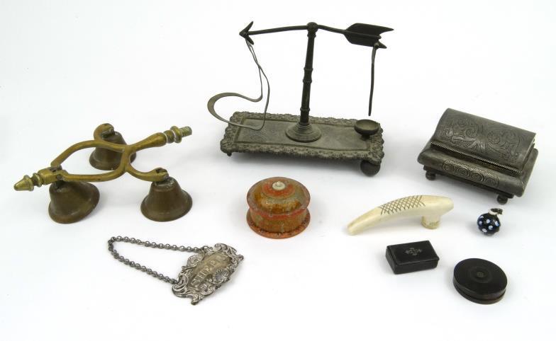 Objects including set of Victorian postal balance scales, treen seal box, ivory crop handle, metal