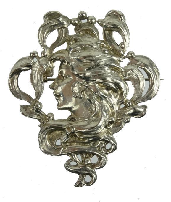 Art Nouveau silver coloured metal maiden`s head brooch, 6cm x 5cm : For condition reports, please