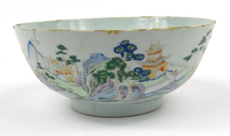 Chinese porcelain footed bowl, enamelled with a landscape view, with further painted decoration to