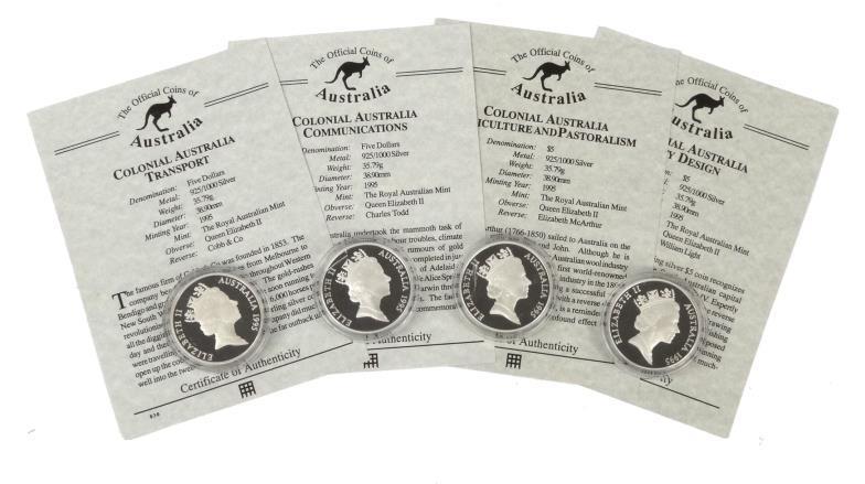 Four Australian silver proof Colonial Australia $5 coins with certificates - each 1995 - William