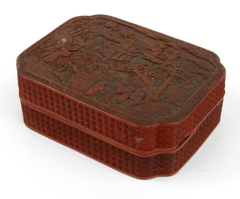 Rectangular Chinese cinnabar lacquered box and cover decorated in relief with a view of figures