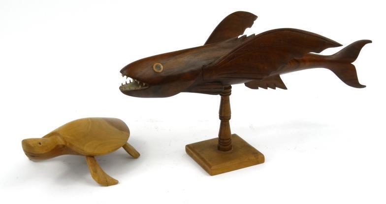 Pitcairn Islands carved wooden fish on stand and a Pitcairn Islands wooden turtle, the fish