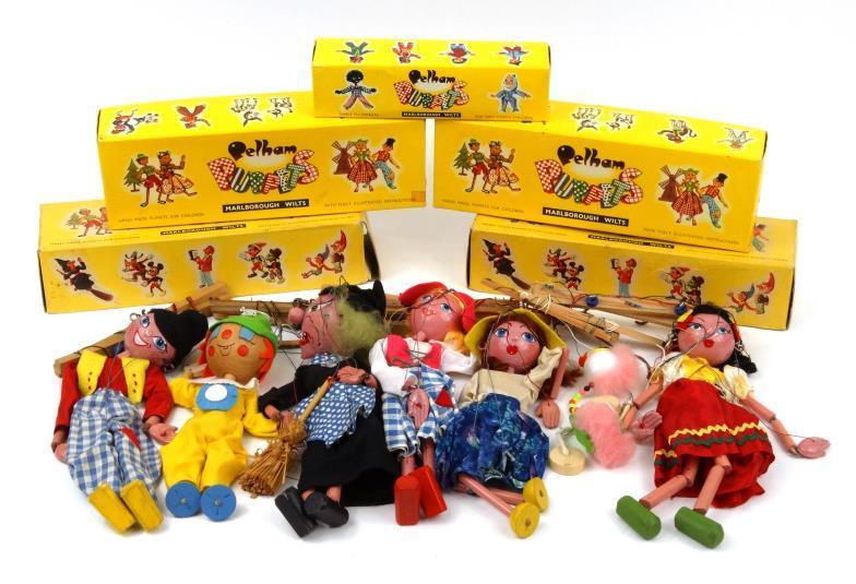 Collection of Pelham strung wooden puppets - five with boxes, including an ostrich, witch, gypsy,