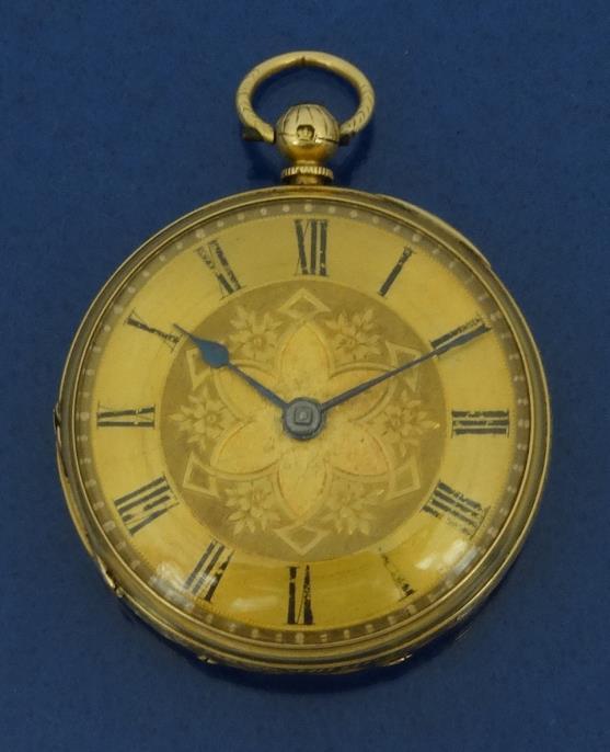 Lady`s 18ct gold open faced pocket watch with floral chased decoration : For condition reports,