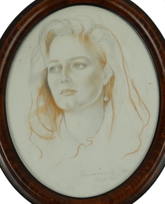 Barbara Kaczmarowska Hamilton - Pencil and chalk portrait of a female, signed, dated 91 and framed,