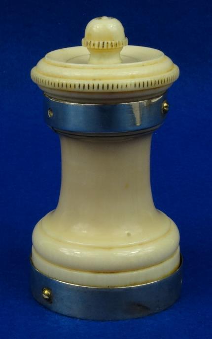 Victorian silver mounted ivory coloured composition peppermill, the mounts hallmarked Birmingham