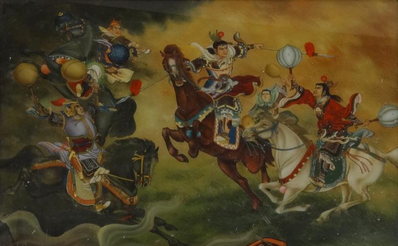 Rectangular Chinese reverse glass painting of figures on horseback, framed, overall 49cm x 70cm